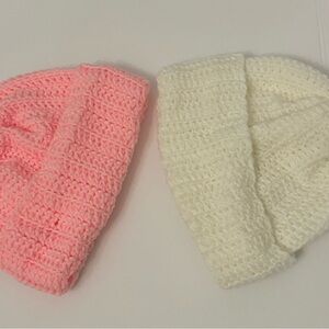 Hand Knitted Adorable Crochet Beanie Set - Pink & White